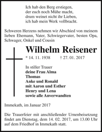 Traueranzeige von Wilhelm Reisener  von Magdeburger Volksstimme