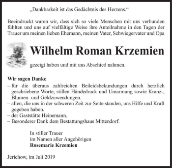 Traueranzeige von Wilhelm Roman Krzemien  von Magdeburger Volksstimme