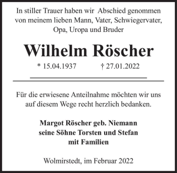 Traueranzeige von Wilhelm Röscher  von Magdeburger Volksstimme