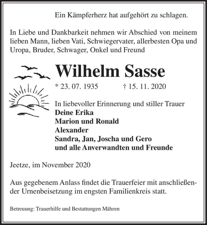  Traueranzeige für Wilhelm Sasse  vom 18.11.2020 aus Magdeburger Volksstimme