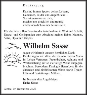 Traueranzeige von Wilhelm Sasse  von Magdeburger Volksstimme