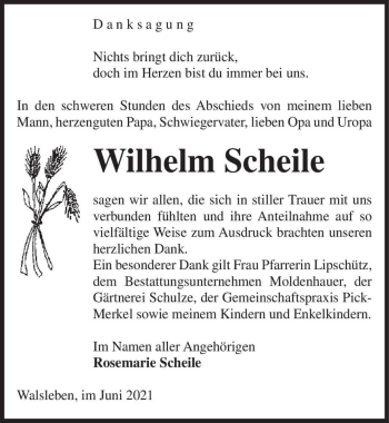 Traueranzeige von Wilhelm Scheile  von Magdeburger Volksstimme
