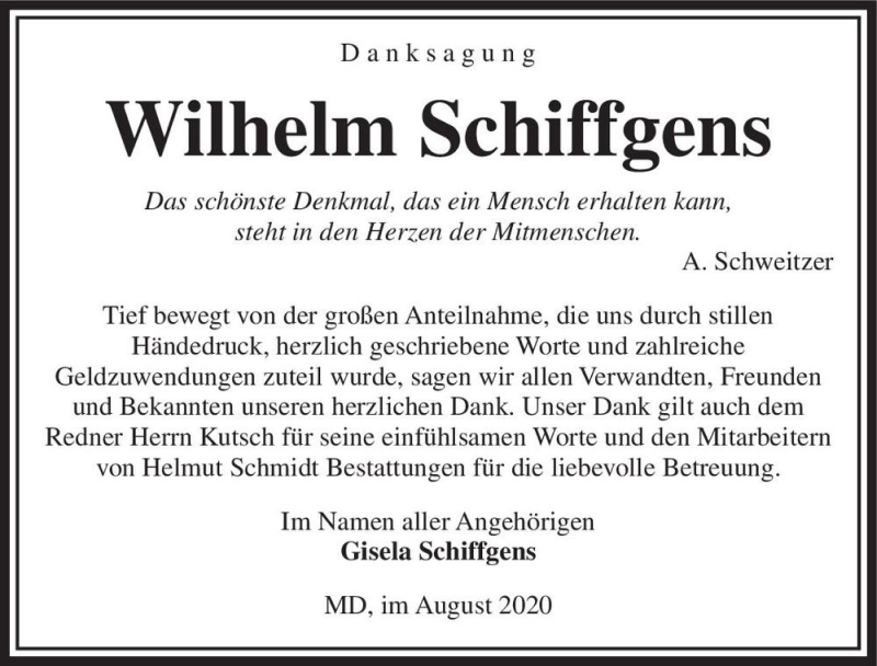  Traueranzeige für Wilhelm Schiffgens  vom 29.08.2020 aus Magdeburger Volksstimme