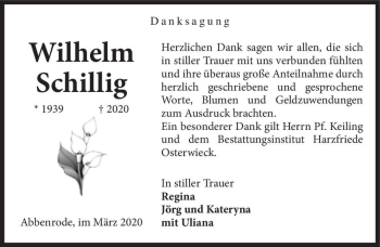 Traueranzeige von Wilhelm Schillig  von Magdeburger Volksstimme
