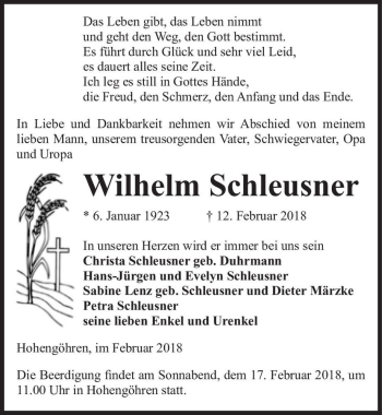 Traueranzeige von Wilhelm Schleusner  von Magdeburger Volksstimme