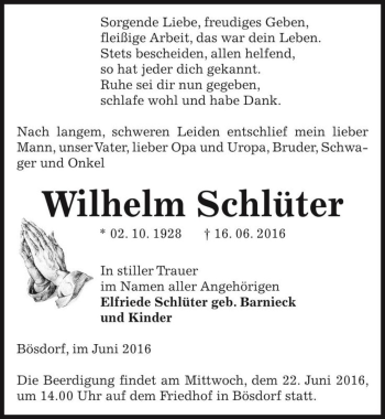 Traueranzeige von Wilhelm Schlüter  von Magdeburger Volksstimme