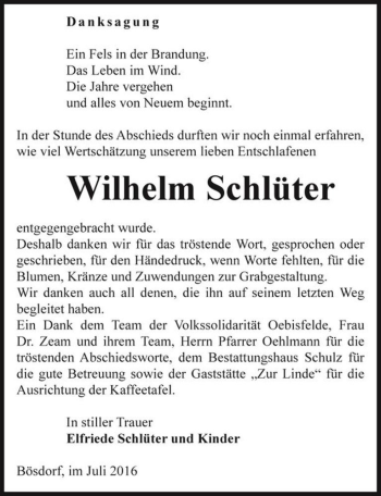 Traueranzeige von Wilhelm Schlüter  von Magdeburger Volksstimme