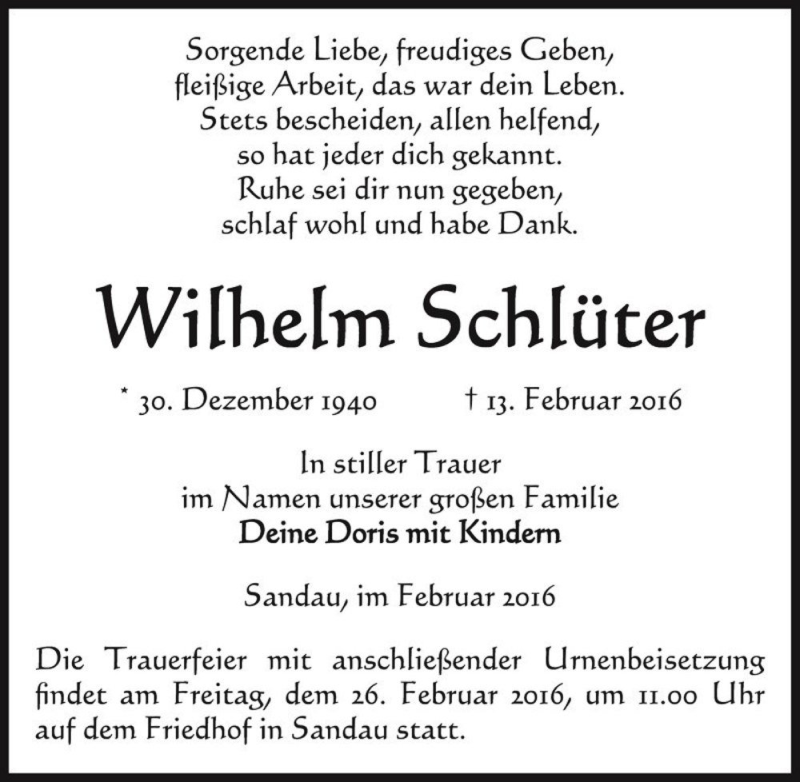  Traueranzeige für Wilhelm Schlüter  vom 18.02.2016 aus Magdeburger Volksstimme