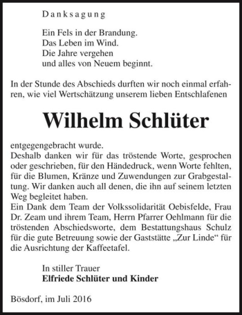 Traueranzeige von Wilhelm Schlüter  von Magdeburger Volksstimme