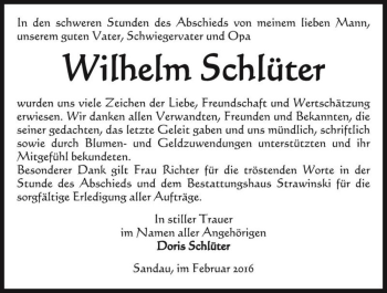 Traueranzeige von Wilhelm Schlüter  von Magdeburger Volksstimme