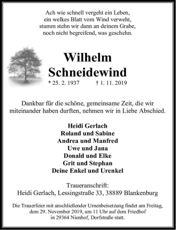 Traueranzeige von Wilhelm Schneidewind  von Magdeburger Volksstimme