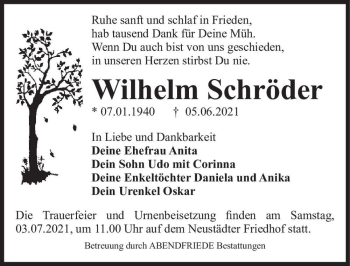 Traueranzeige von Wilhelm Schröder  von Magdeburger Volksstimme