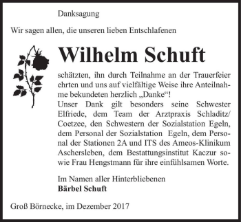 Traueranzeige von Wilhelm Schuft  von Magdeburger Volksstimme