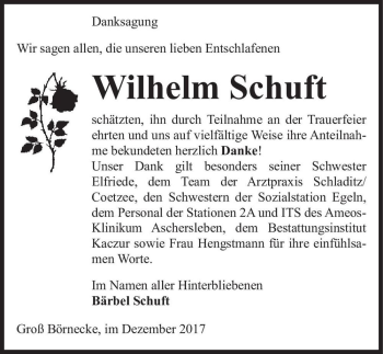 Traueranzeige von Wilhelm Schuft  von Magdeburger Volksstimme