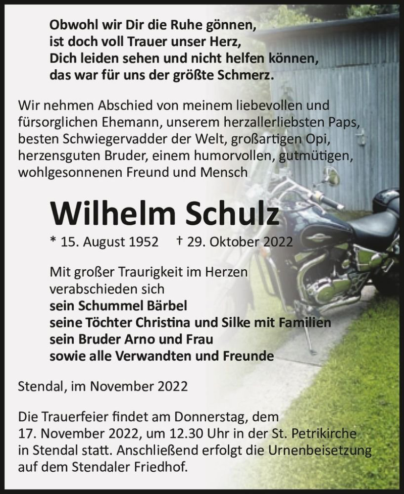 Traueranzeige für Wilhelm Schulz  vom 09.11.2022 aus Magdeburger Volksstimme