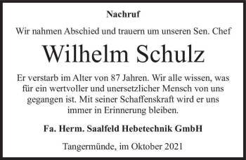 Traueranzeige von Wilhelm Schulz  von Magdeburger Volksstimme