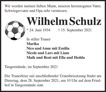 Traueranzeige von Wilhelm Schulz  von Magdeburger Volksstimme