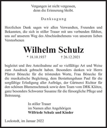 Traueranzeige von Wilhelm Schulz  von Magdeburger Volksstimme