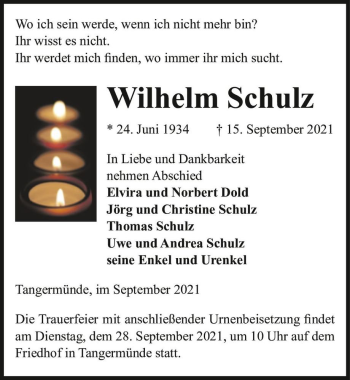 Traueranzeige von Wilhelm Schulz  von Magdeburger Volksstimme