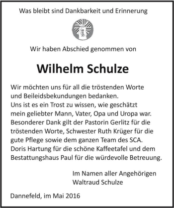 Traueranzeige von Wilhelm Schulze  von Magdeburger Volksstimme