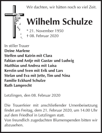 Traueranzeige von Wilhelm Schulze  von Magdeburger Volksstimme