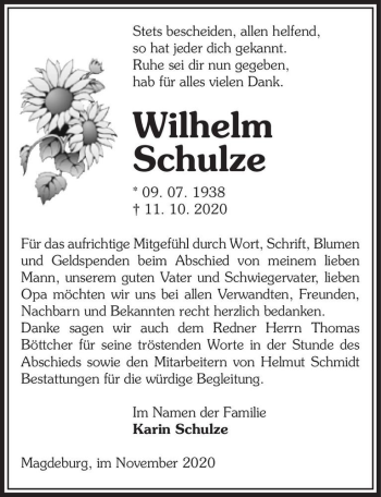 Traueranzeige von Wilhelm Schulze  von Magdeburger Volksstimme