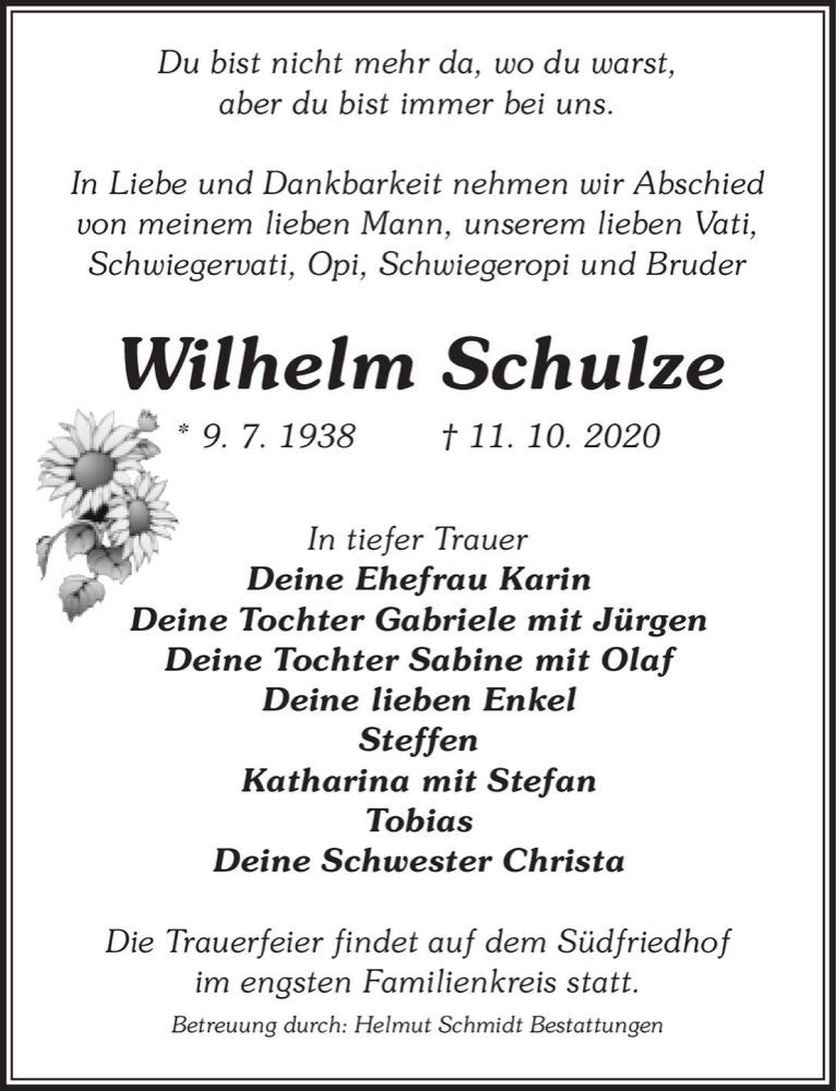  Traueranzeige für Wilhelm Schulze  vom 17.10.2020 aus Magdeburger Volksstimme