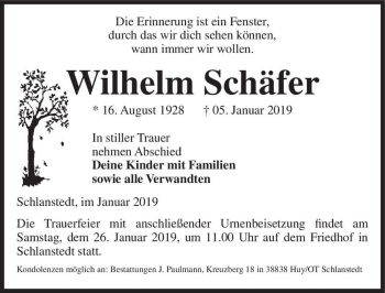 Traueranzeige von Wilhelm Schäfer  von Magdeburger Volksstimme