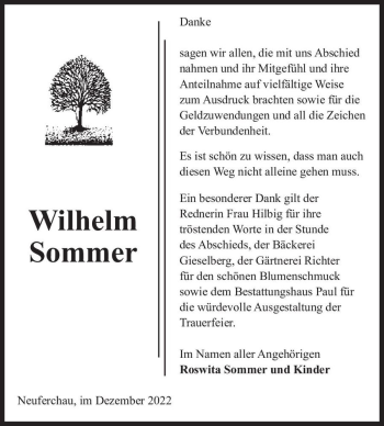 Traueranzeige von Wilhelm Sommer  von Magdeburger Volksstimme