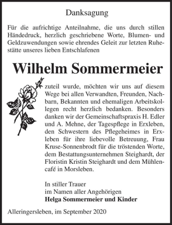 Traueranzeige von Wilhelm Sommermeier  von Magdeburger Volksstimme