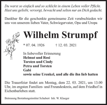 Traueranzeige von Wilhelm Strumpf  von Magdeburger Volksstimme