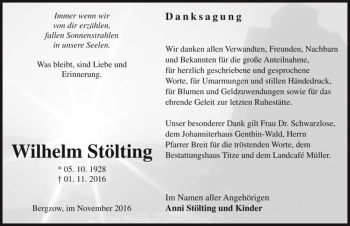 Traueranzeige von Wilhelm Stölting  von Magdeburger Volksstimme