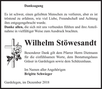 Traueranzeige von Wilhelm Stöwesandt  von Magdeburger Volksstimme