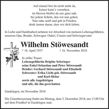 Traueranzeige von Wilhelm Stöwesandt  von Magdeburger Volksstimme