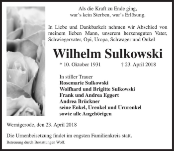 Traueranzeige von Wilhelm Sulkowski  von Magdeburger Volksstimme