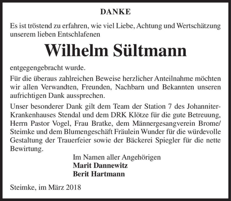  Traueranzeige für Wilhelm Sültmann  vom 24.03.2018 aus Magdeburger Volksstimme