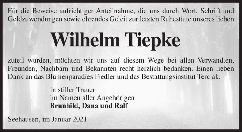  Traueranzeige für Wilhelm Tiepke  vom 16.01.2021 aus Magdeburger Volksstimme