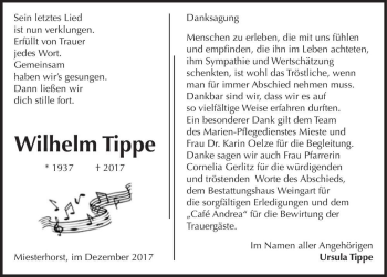 Traueranzeige von Wilhelm Tippe  von Magdeburger Volksstimme