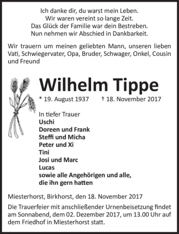 Traueranzeige von Wilhelm Tippe  von Magdeburger Volksstimme