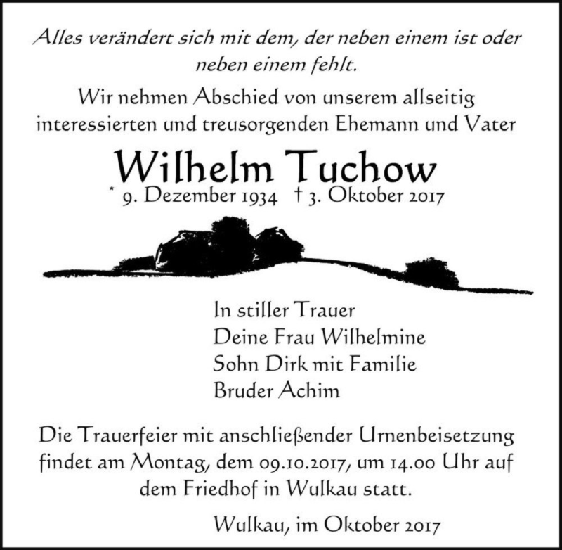  Traueranzeige für Wilhelm Tuchow  vom 06.10.2017 aus Magdeburger Volksstimme