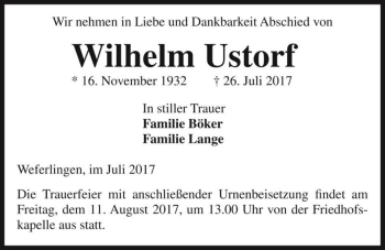 Traueranzeige von Wilhelm Ustorf  von Magdeburger Volksstimme