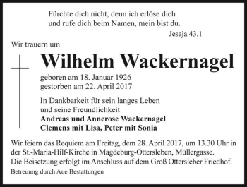 Traueranzeige von Wilhelm Wackernagel  von Magdeburger Volksstimme