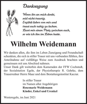 Traueranzeige von Wilhelm Weidemann  von Magdeburger Volksstimme