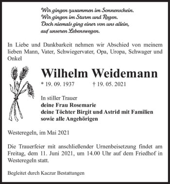Traueranzeige von Wilhelm Weidemann  von Magdeburger Volksstimme