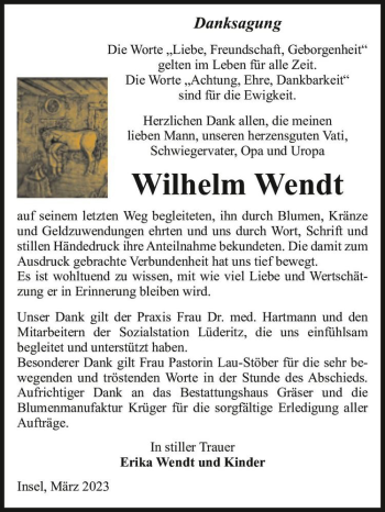 Traueranzeige von Wilhelm Wendt  von Magdeburger Volksstimme