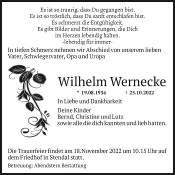 Traueranzeige von Wilhelm Wernecke  von Magdeburger Volksstimme