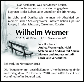 Traueranzeige von Wilhelm Werner  von Magdeburger Volksstimme