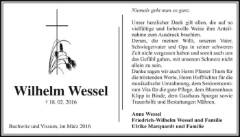 Traueranzeige von Wilhelm Wessel  von Magdeburger Volksstimme