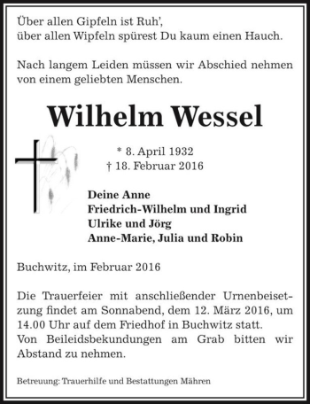 Traueranzeige von Wilhelm Wessel  von Magdeburger Volksstimme