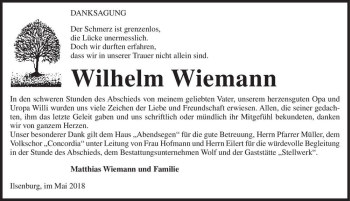 Traueranzeige von Wilhelm Wiemann  von Magdeburger Volksstimme